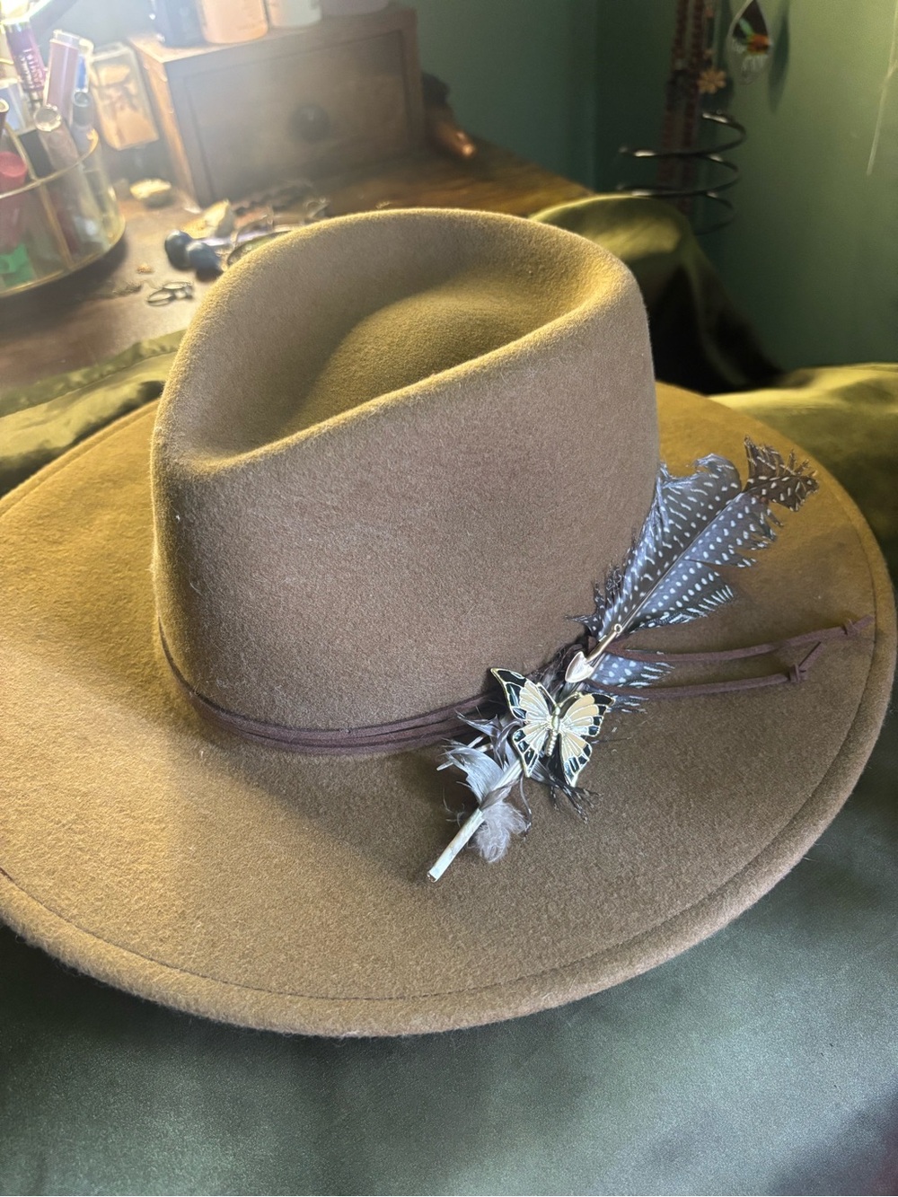 Stetson Brown Wool hat with Feather and Butterfly Accent: brand new worn once
